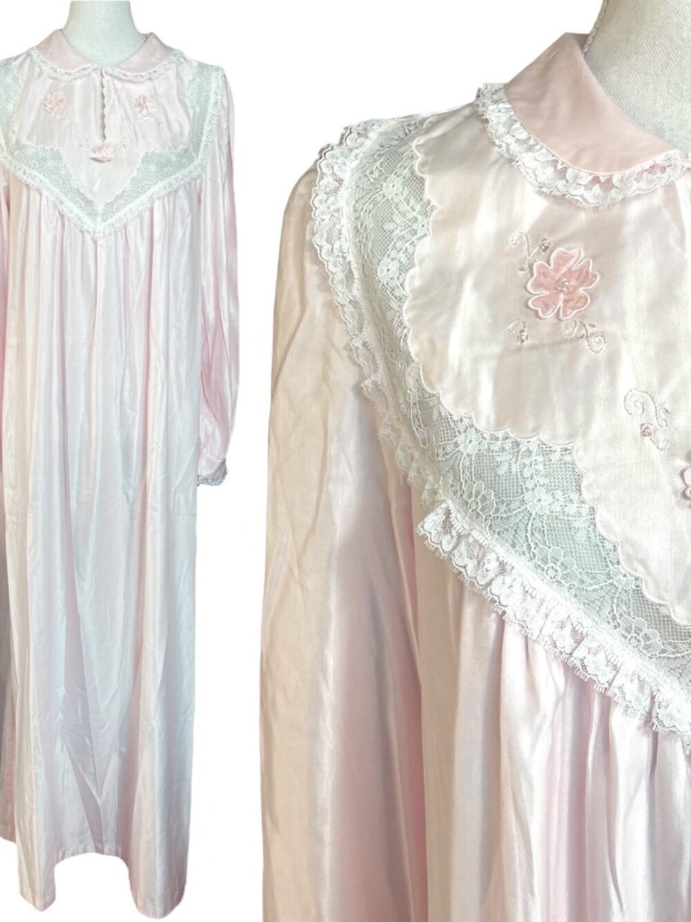 Barbizon Satin Lace Nightgown M Floral Flowers Blush Pink Long VTG Pan Collar